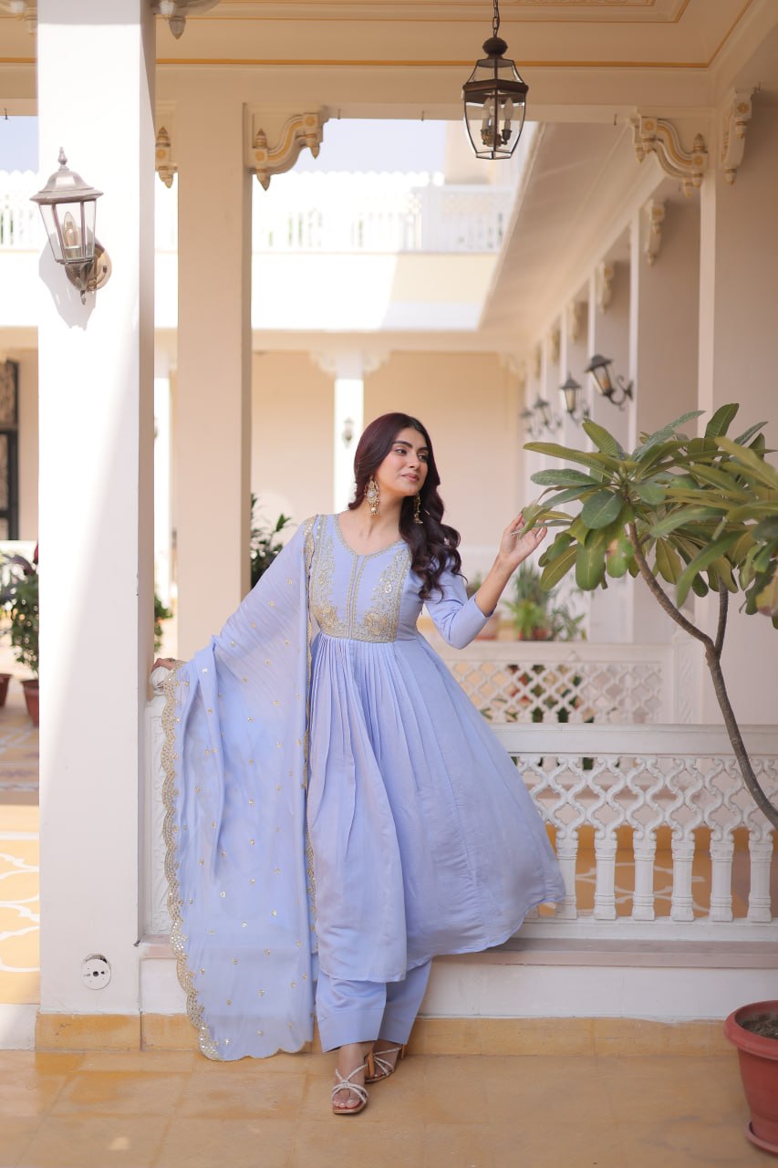Embroidered Mal Chanderi Gown Pant Dupatta Set
