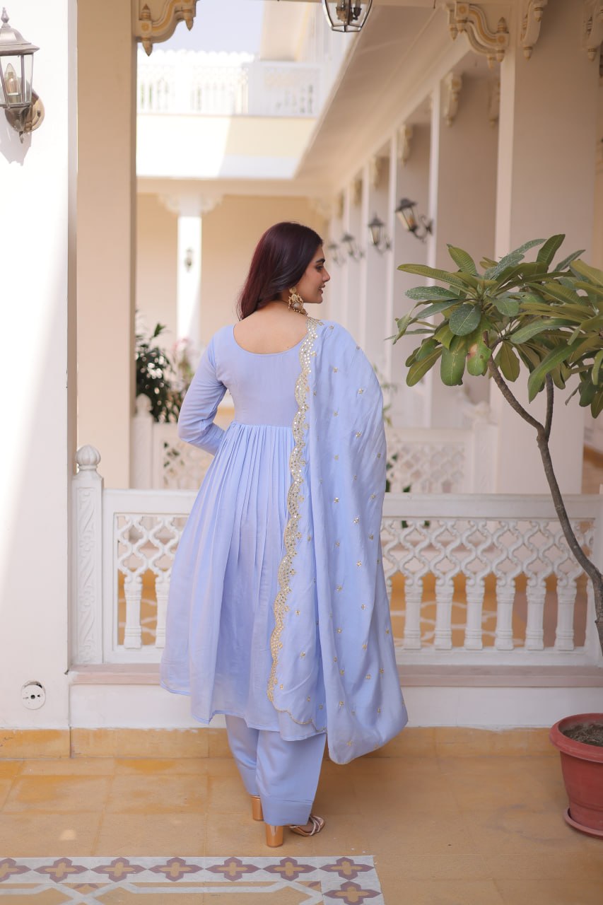 Embroidered Mal Chanderi Gown Pant Dupatta Set