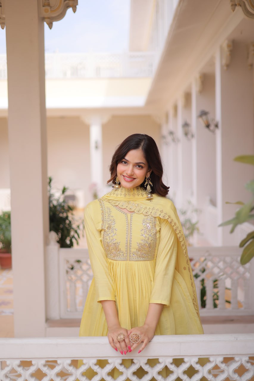 Embroidered Mal Chanderi Gown Pant Dupatta Set