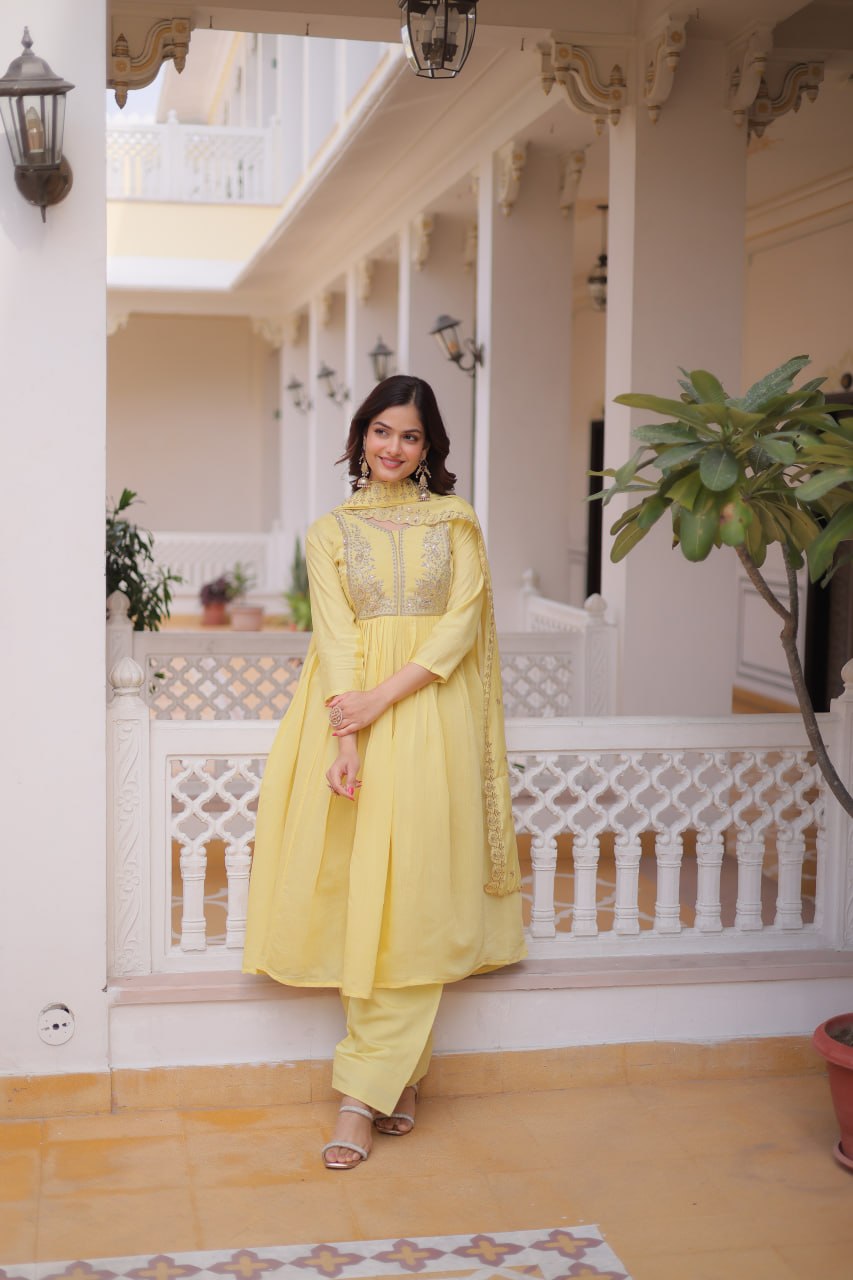 Embroidered Mal Chanderi Gown Pant Dupatta Set