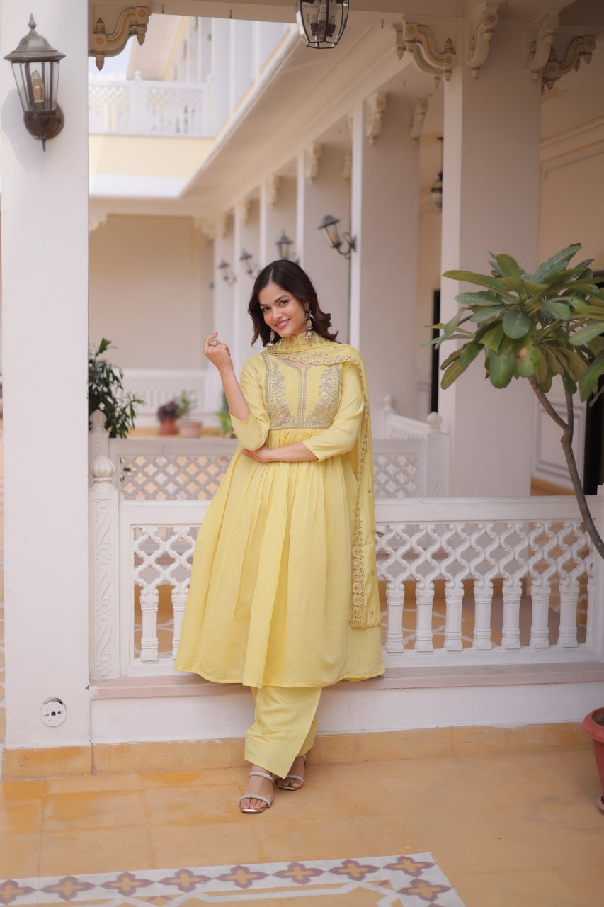 Embroidered Mal Chanderi Gown Pant Dupatta Set