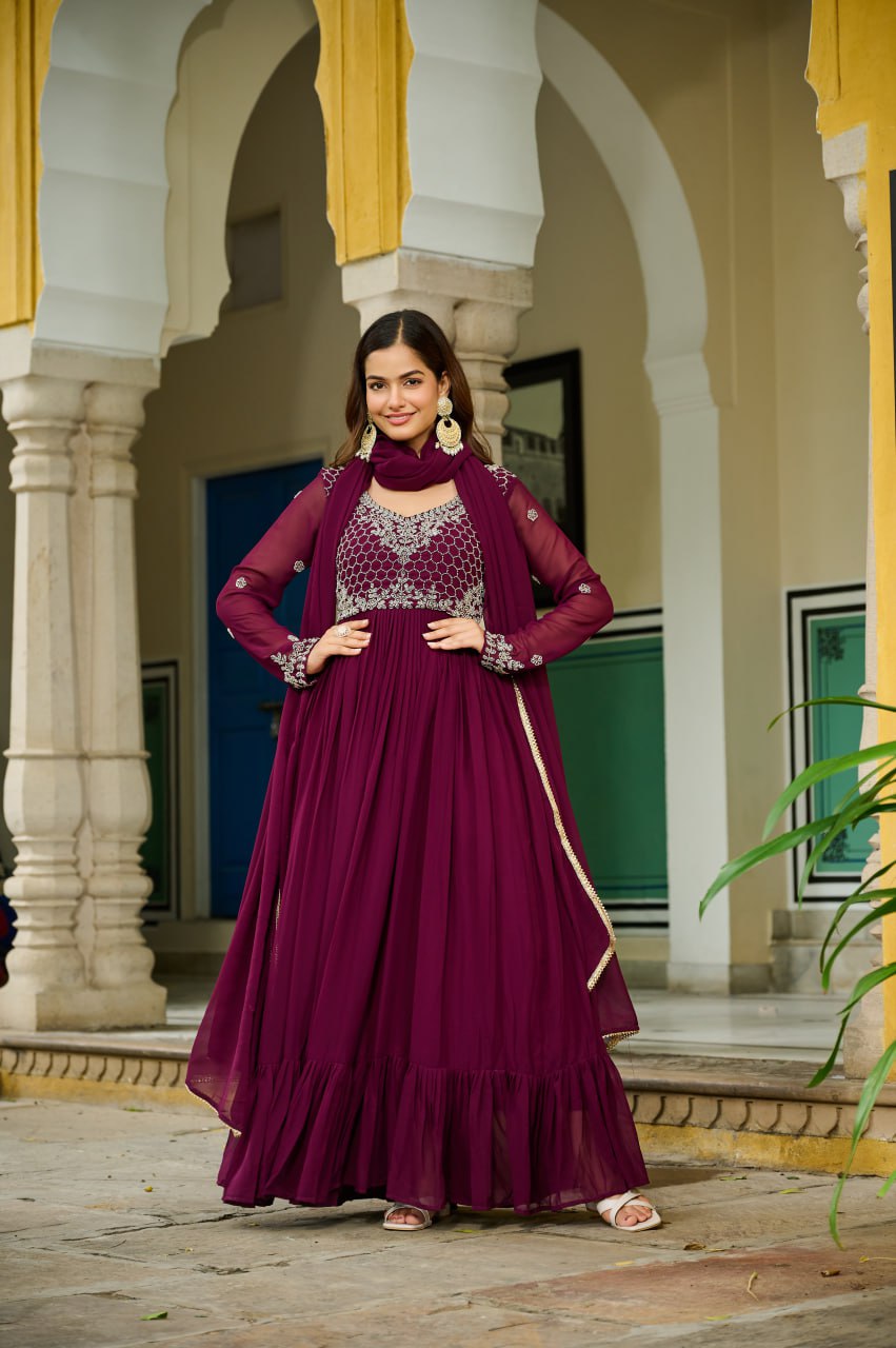 Designer Beads Embroidered Anarkali Gown Dupatta Set
