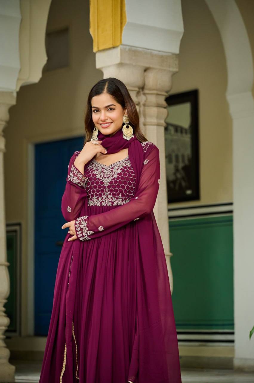 Designer Beads Embroidered Anarkali Gown Dupatta Set