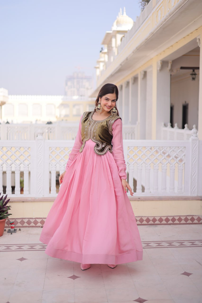 Designer Mal Chanderi Velvet Koti Anarkali Gown Set