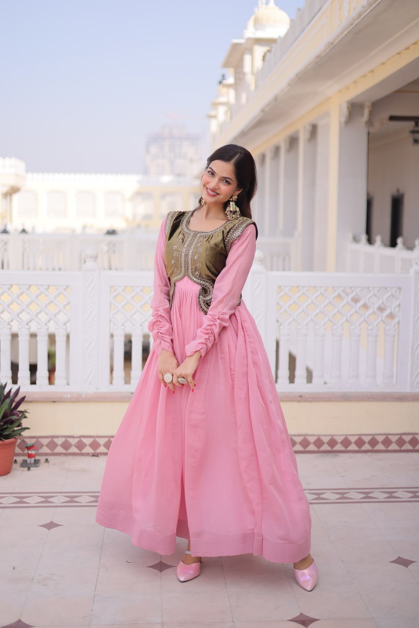 Designer Mal Chanderi Velvet Koti Anarkali Gown Set