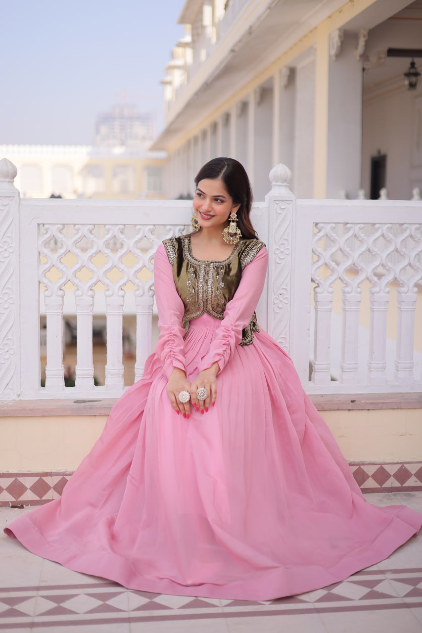Designer Mal Chanderi Velvet Koti Anarkali Gown Set