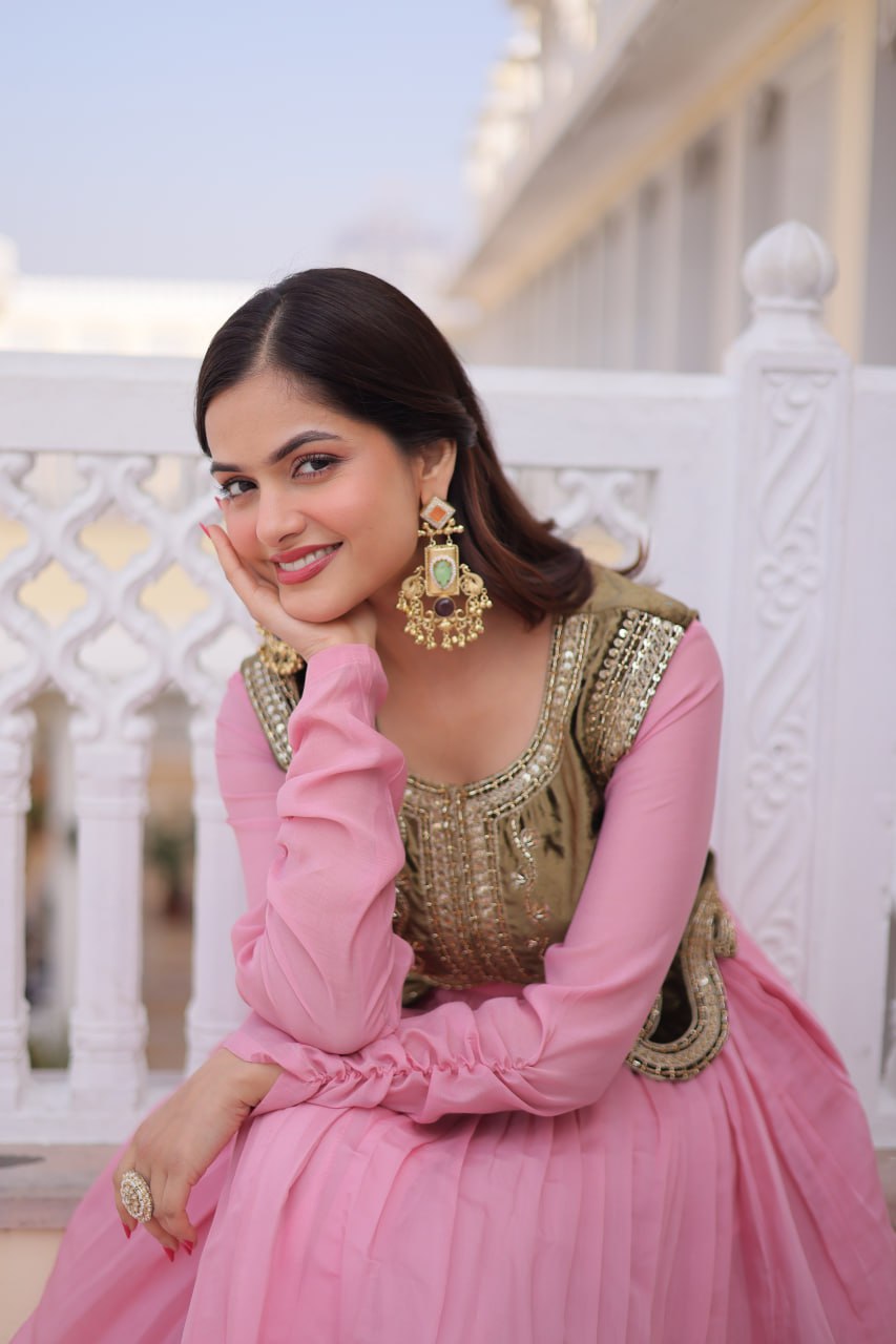 Designer Mal Chanderi Velvet Koti Anarkali Gown Set