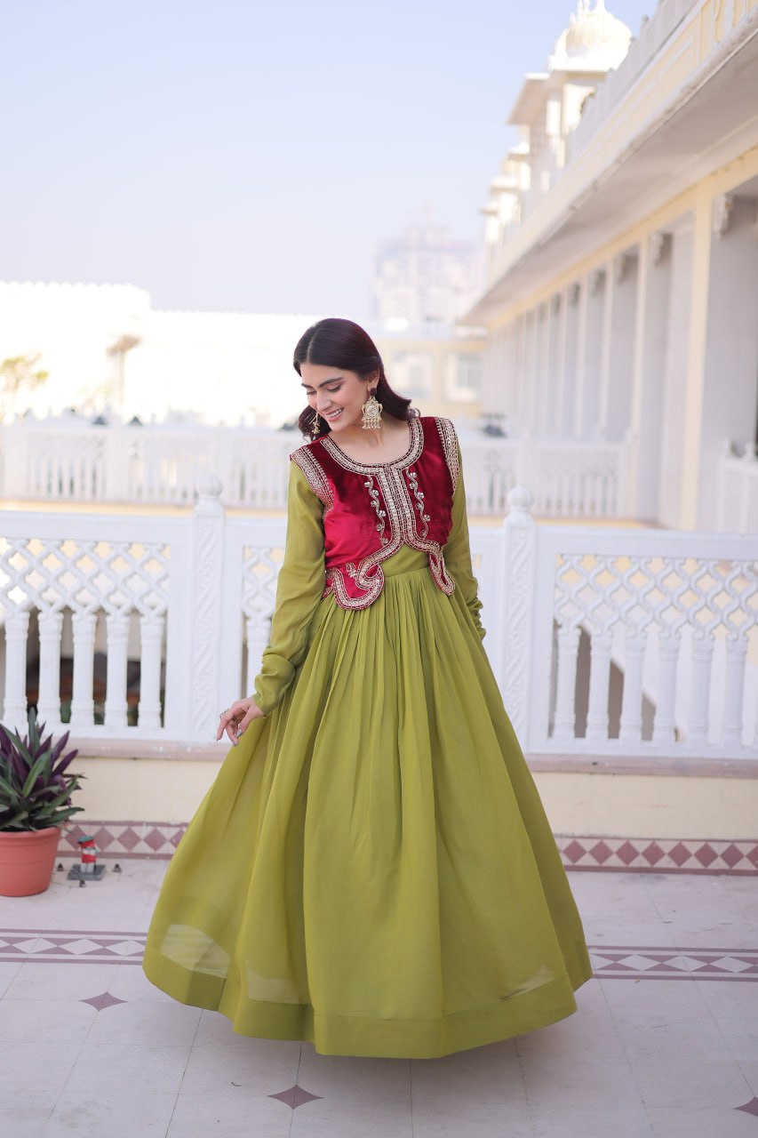 Designer Mal Chanderi Velvet Koti Anarkali Gown Set