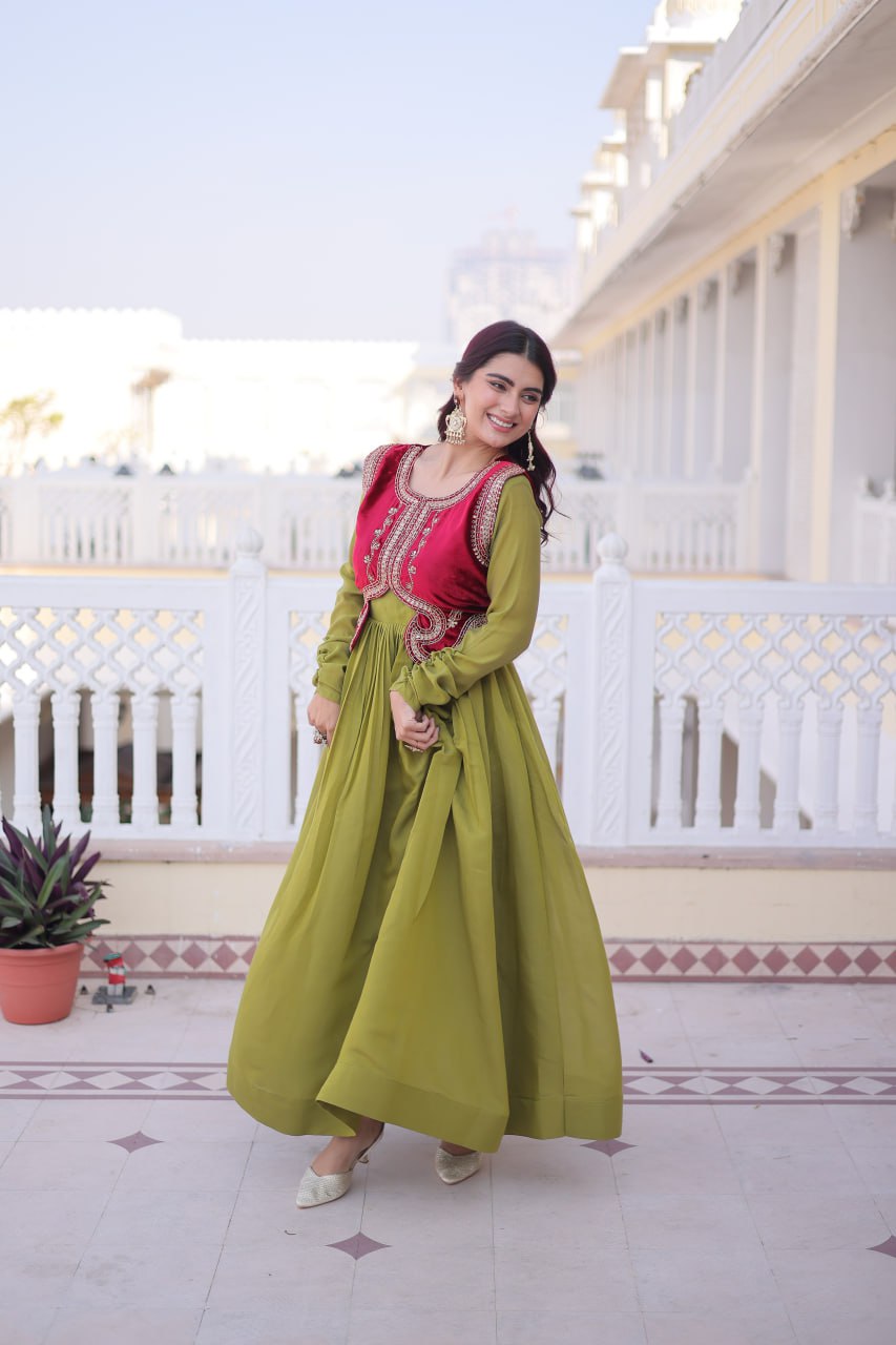Designer Mal Chanderi Velvet Koti Anarkali Gown Set