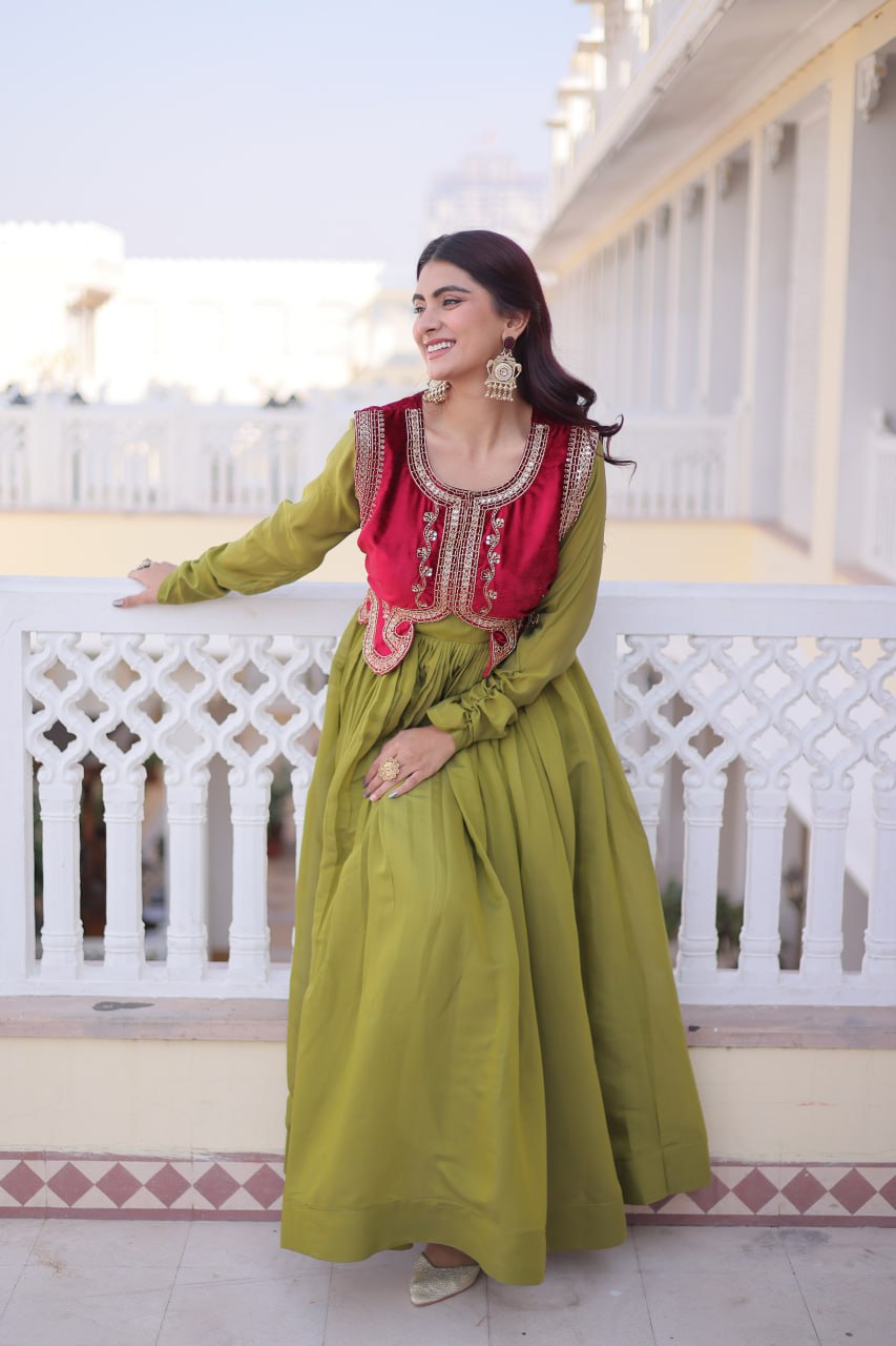 Designer Mal Chanderi Velvet Koti Anarkali Gown Set