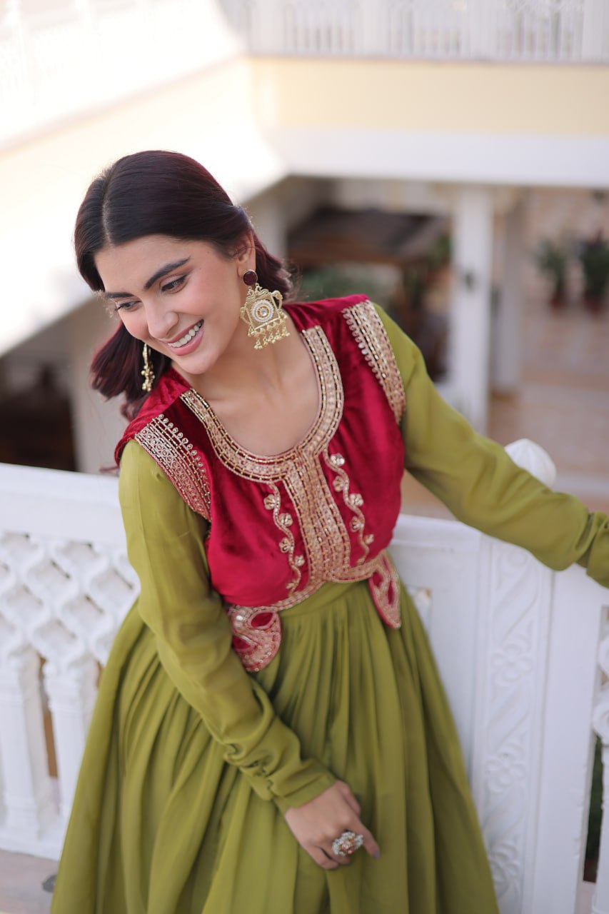 Designer Mal Chanderi Velvet Koti Anarkali Gown Set