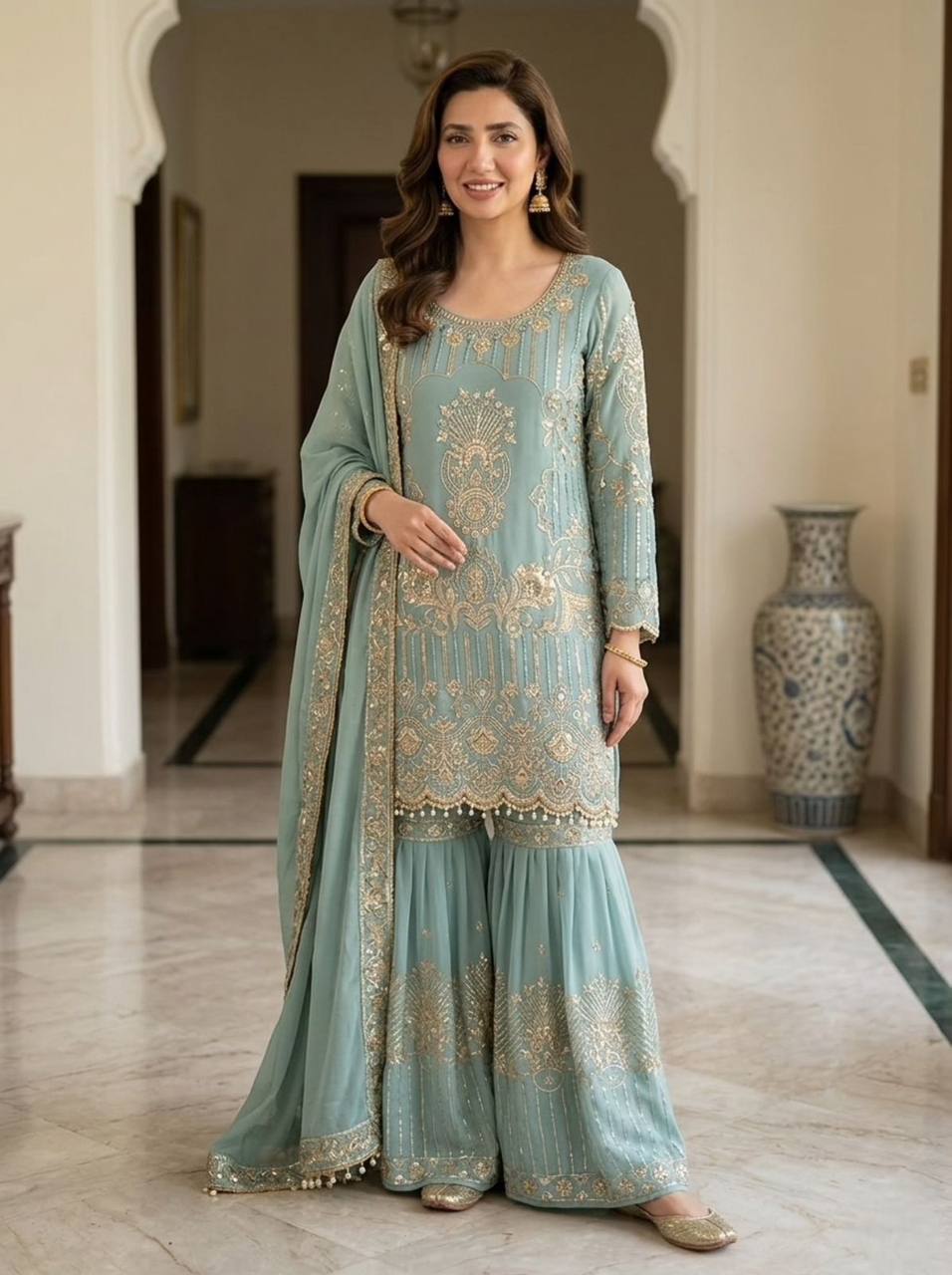 Designer Sequins Embroidered Sharara Set with Dupatta