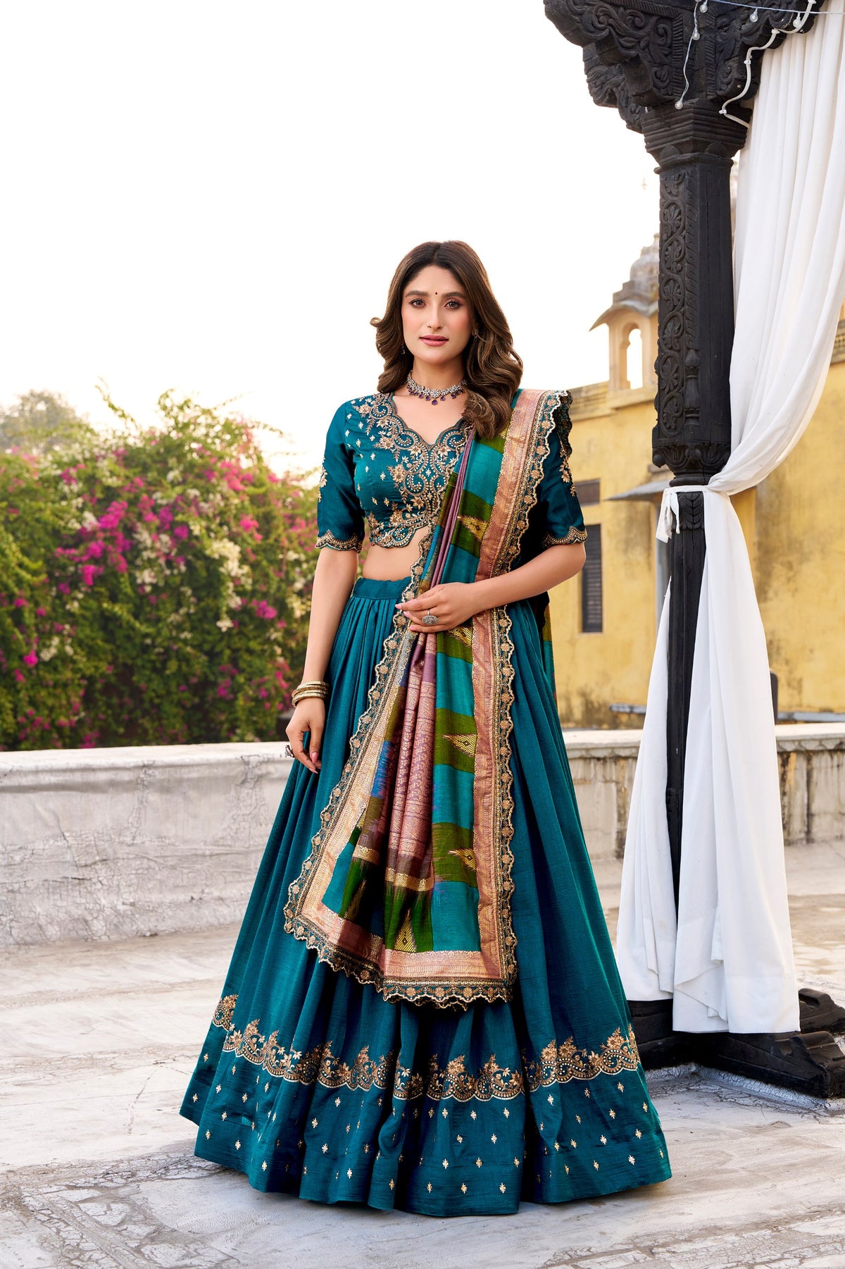 Designer Vichitra Silk Sequins Embroidered Lehenga Choli Set