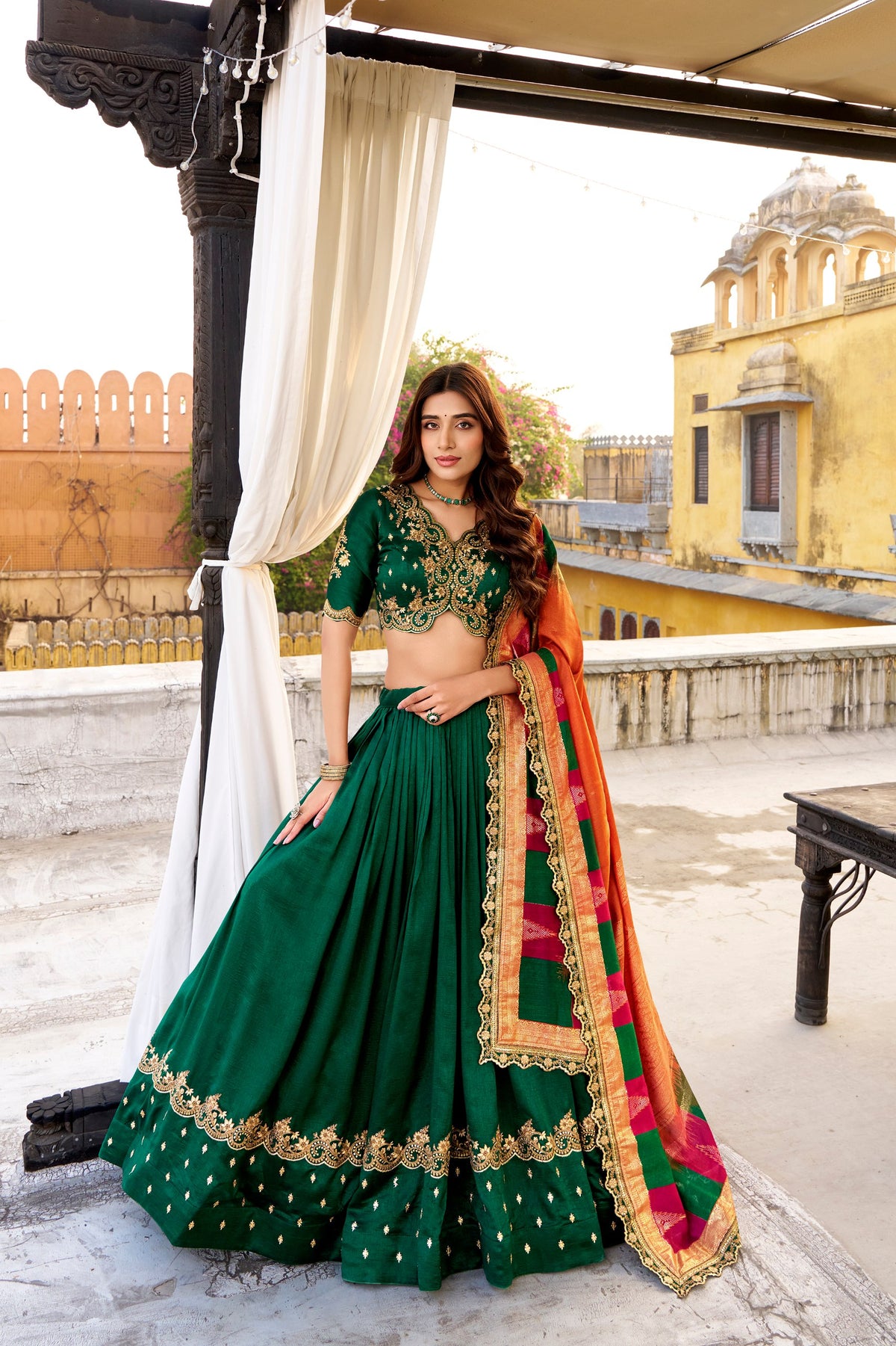 Designer Vichitra Silk Sequins Embroidered Lehenga Choli Set