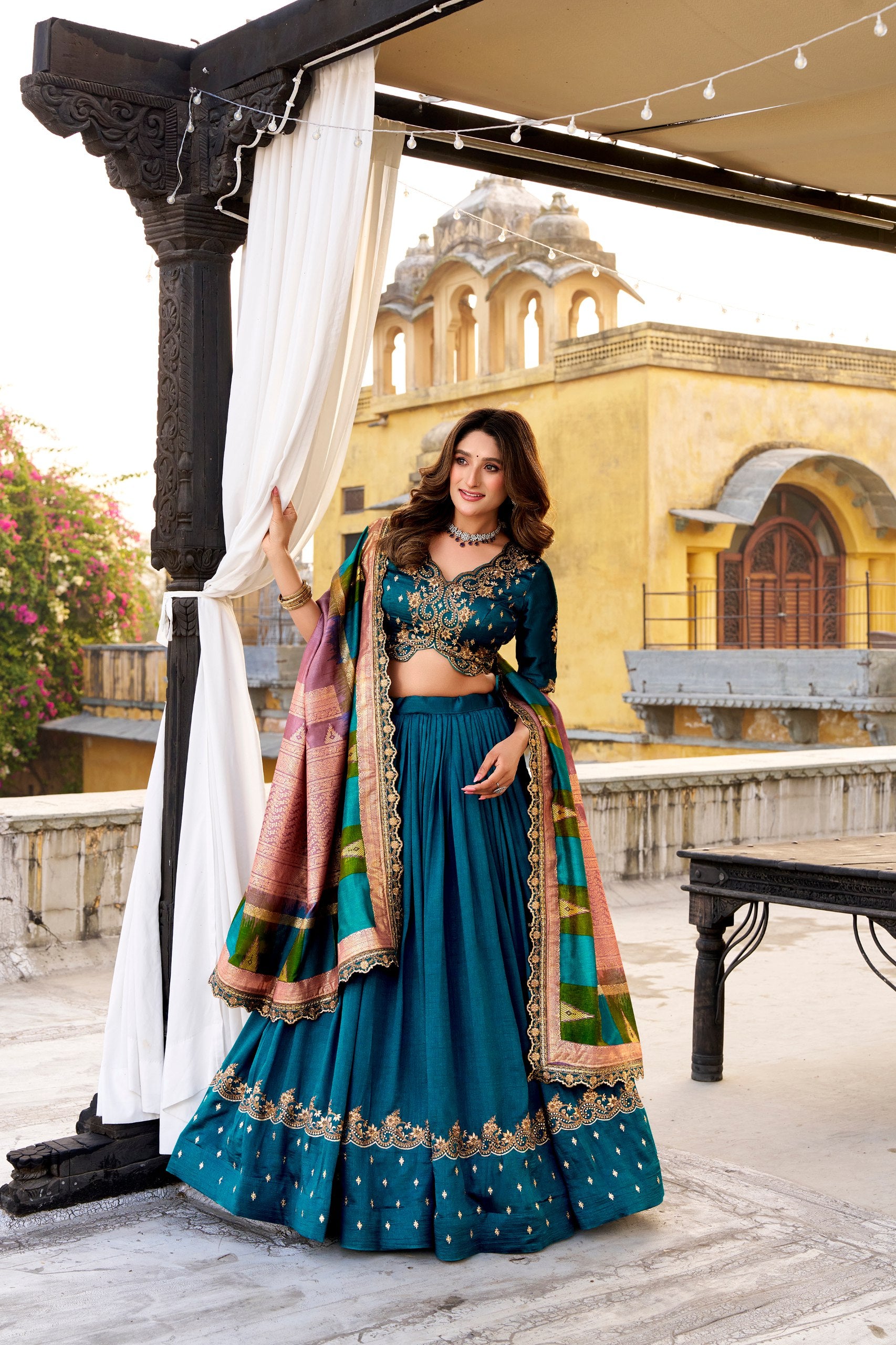 Designer Vichitra Silk Sequins Embroidered Lehenga Choli Set