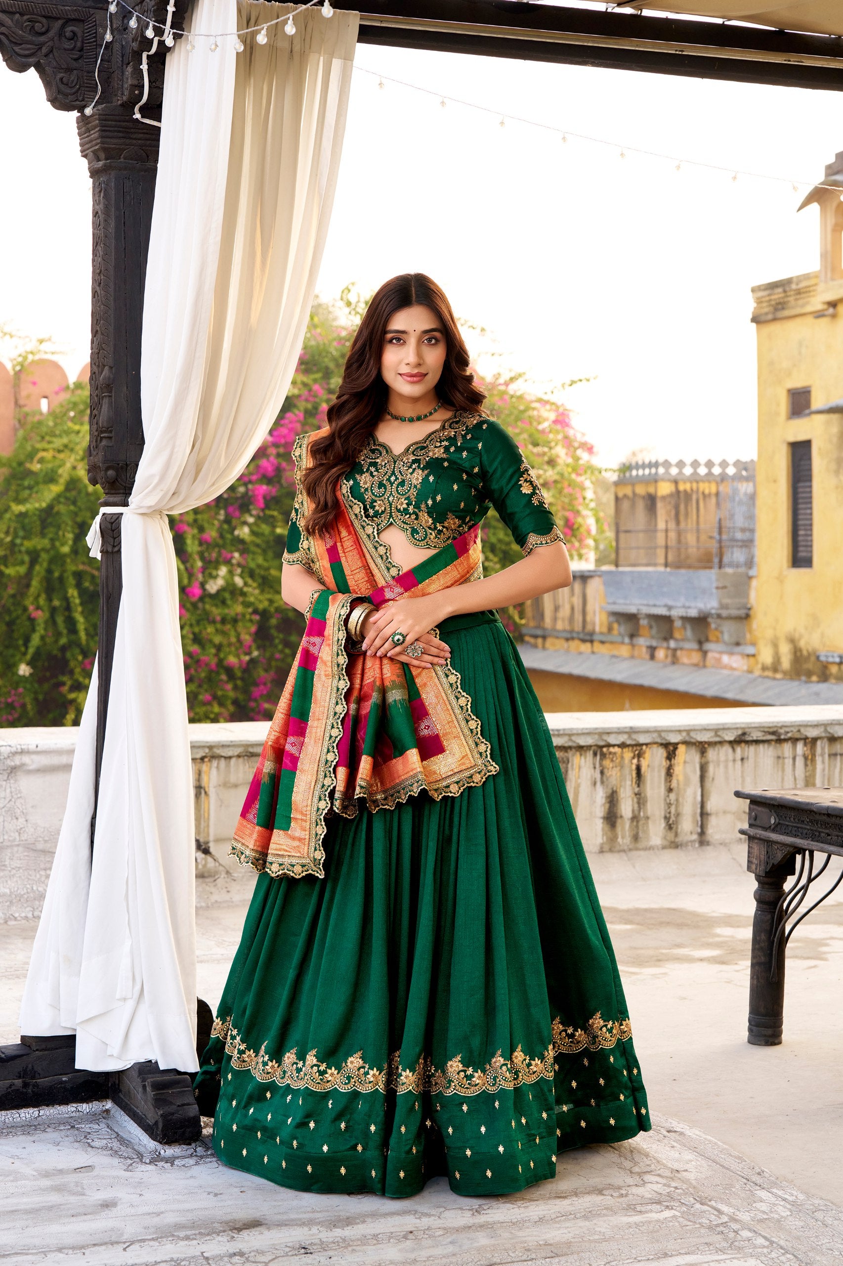 Designer Vichitra Silk Sequins Embroidered Lehenga Choli Set