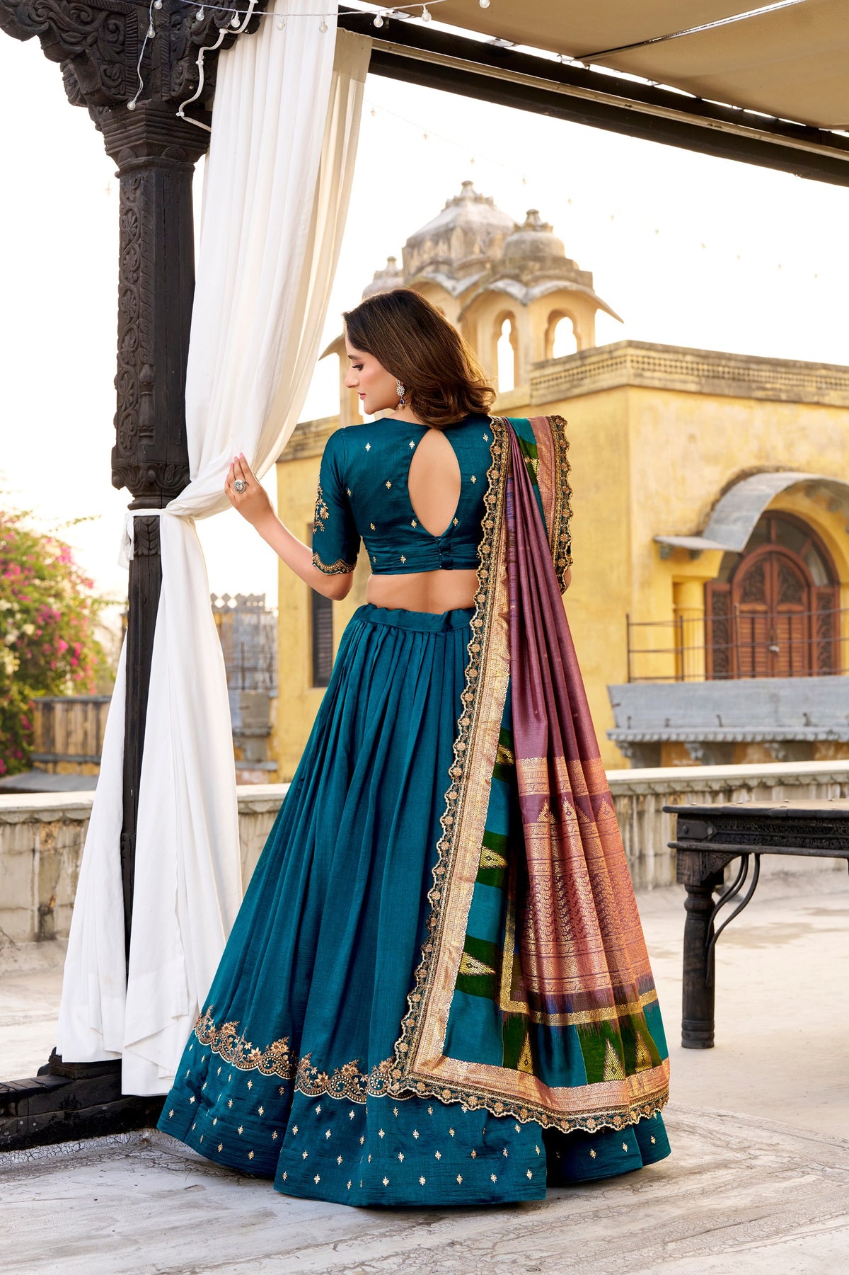 Designer Vichitra Silk Sequins Embroidered Lehenga Choli Set