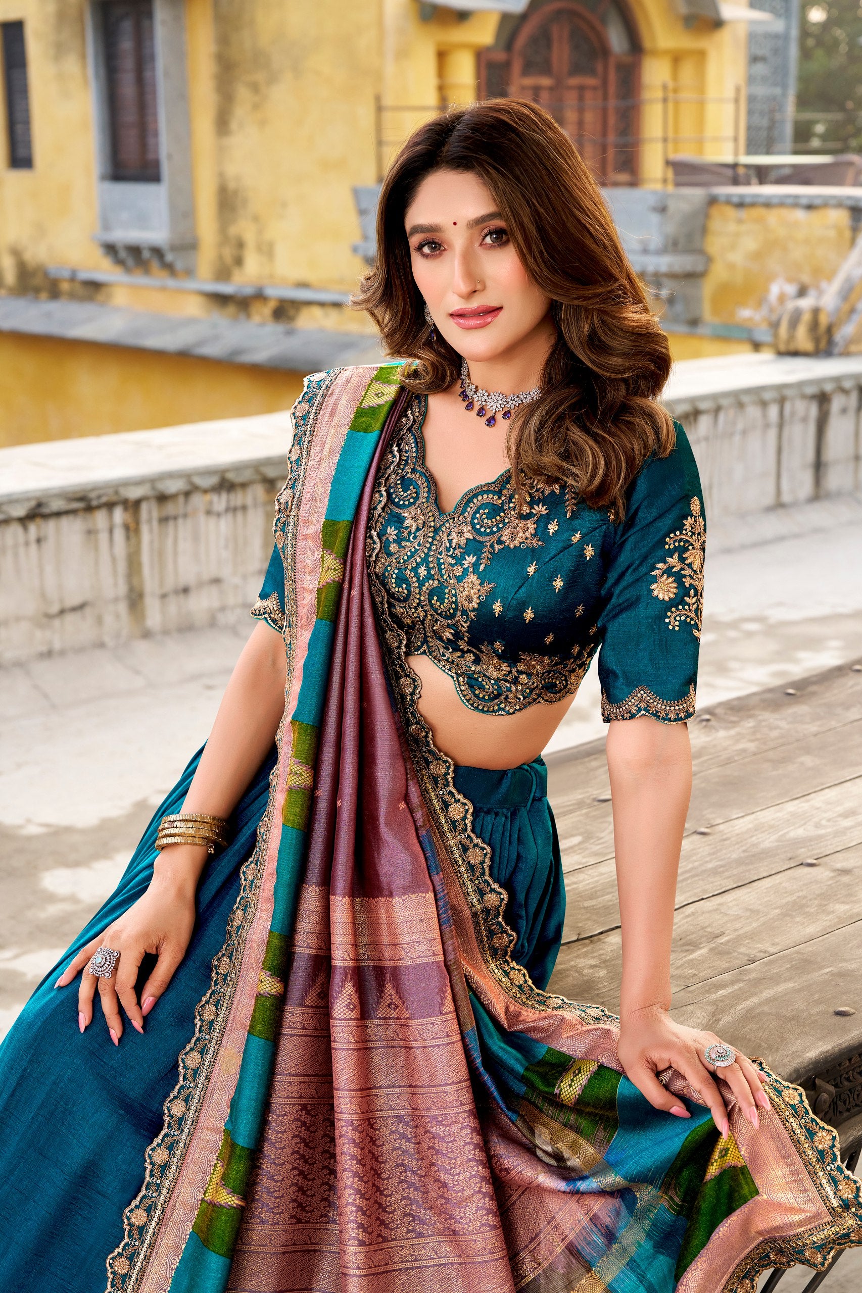 Designer Vichitra Silk Sequins Embroidered Lehenga Choli Set