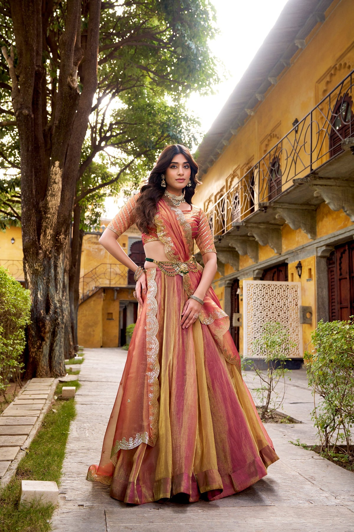 Designer Embroidered Carika Silk Lehenga Choli Set with Unstitched Blouse