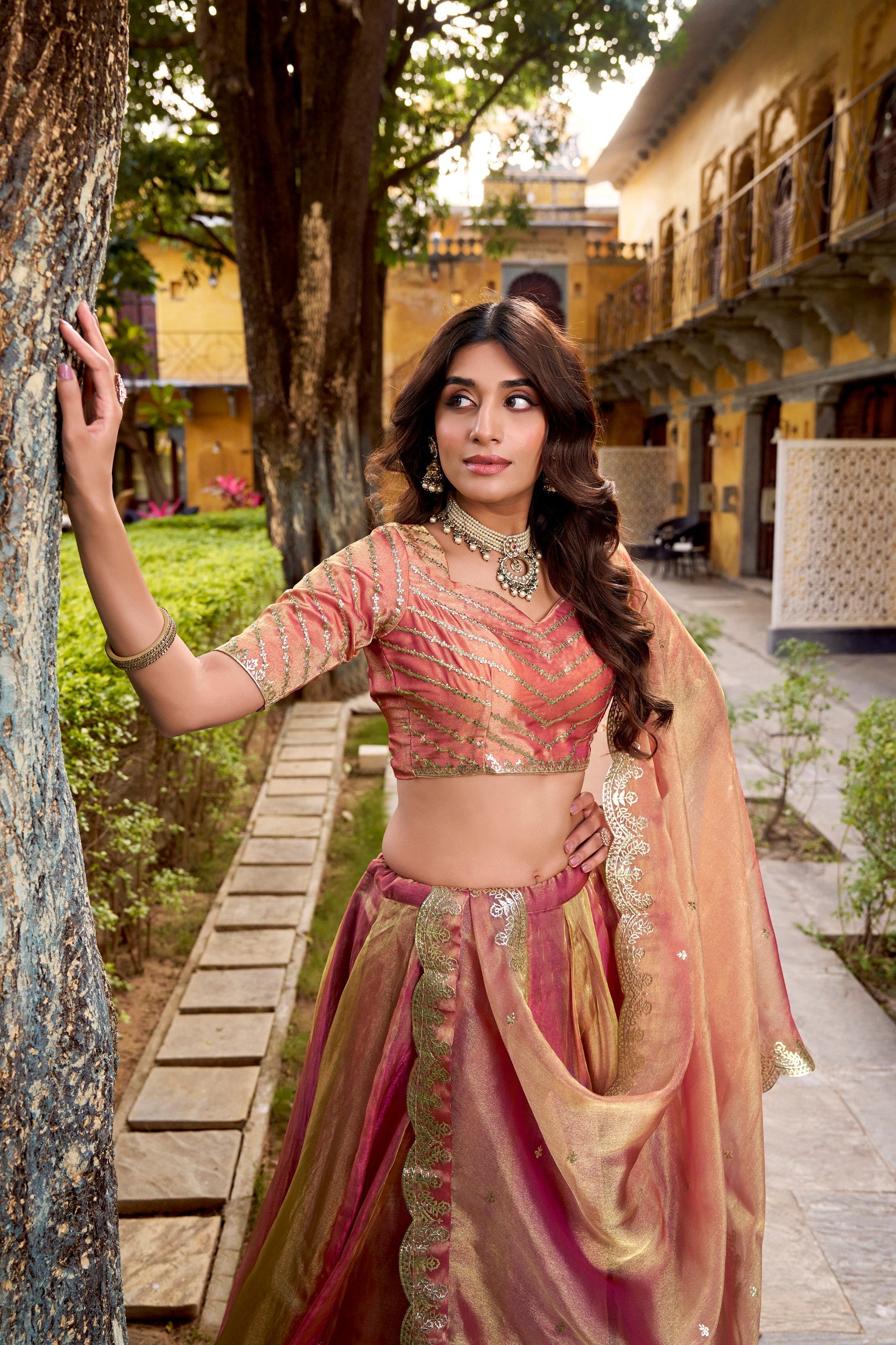 Designer Embroidered Carika Silk Lehenga Choli Set with Unstitched Blouse