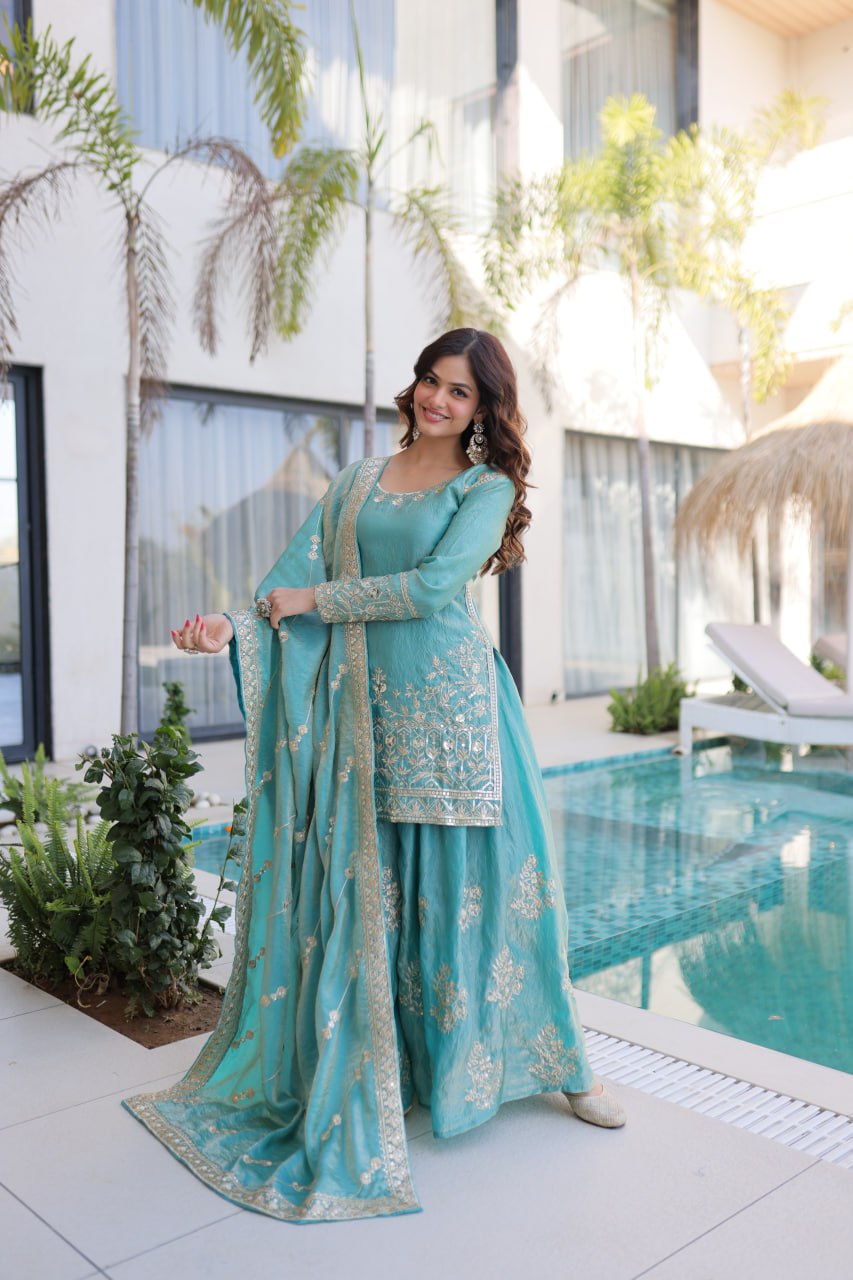 Designer Embroidered Sharara Suit Set