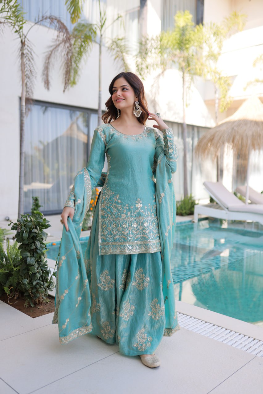 Designer Embroidered Sharara Suit Set
