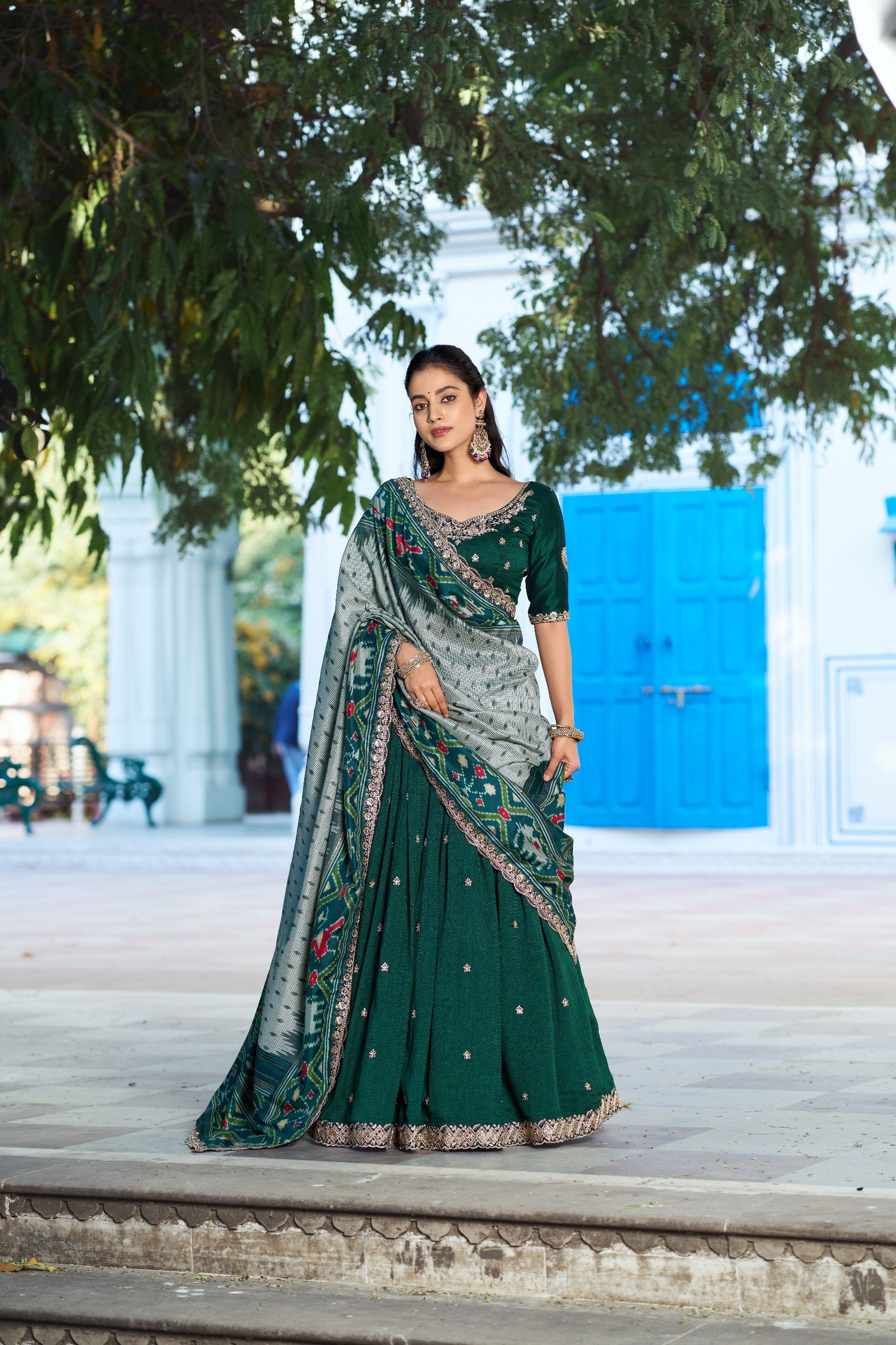 Premium Vichitra Silk Embroidered Lehenga Set