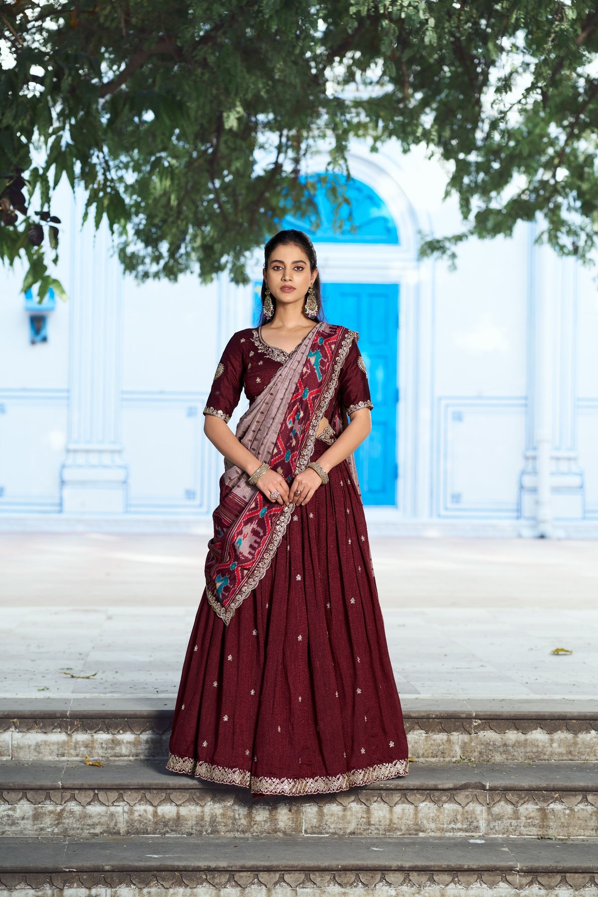 Premium Vichitra Silk Embroidered Lehenga Set