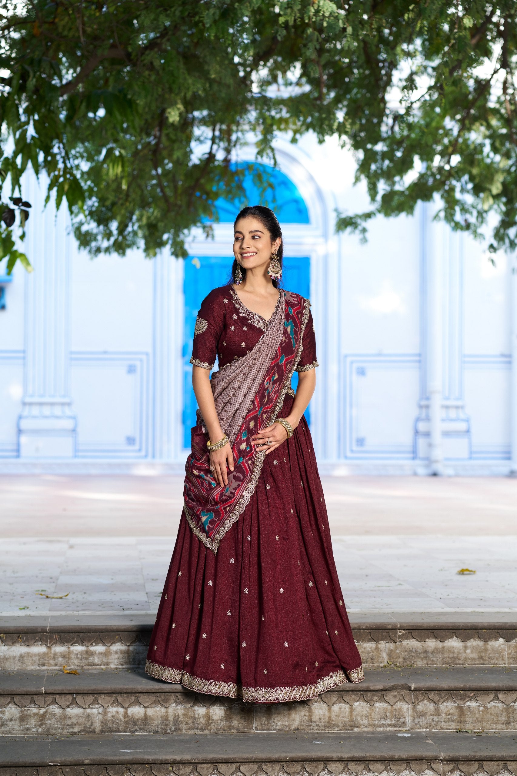 Premium Vichitra Silk Embroidered Lehenga Set