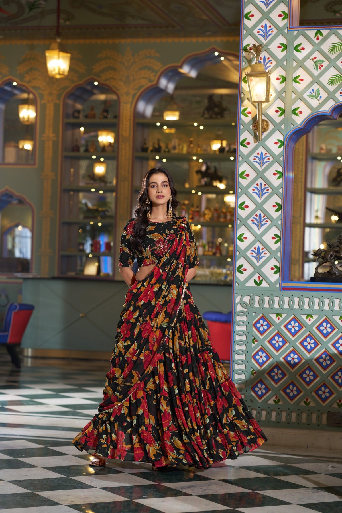 Designer Floral Printed Marble Lehenga Choli Set