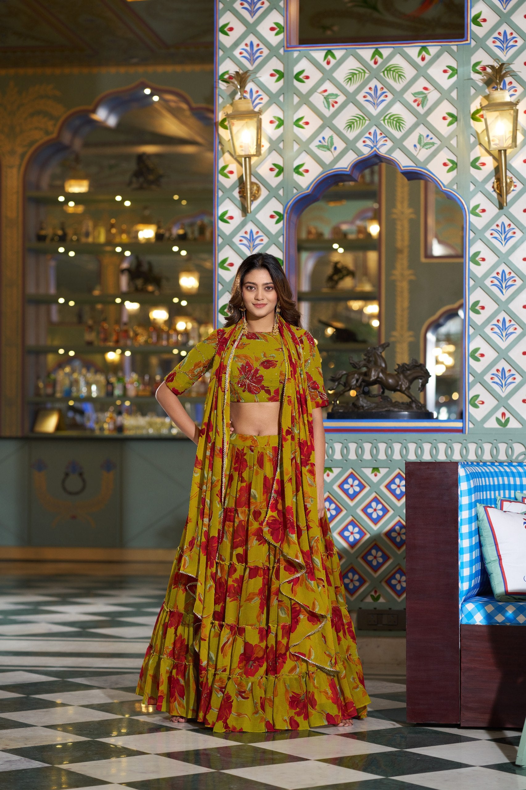 Designer Floral Printed Marble Lehenga Choli Set