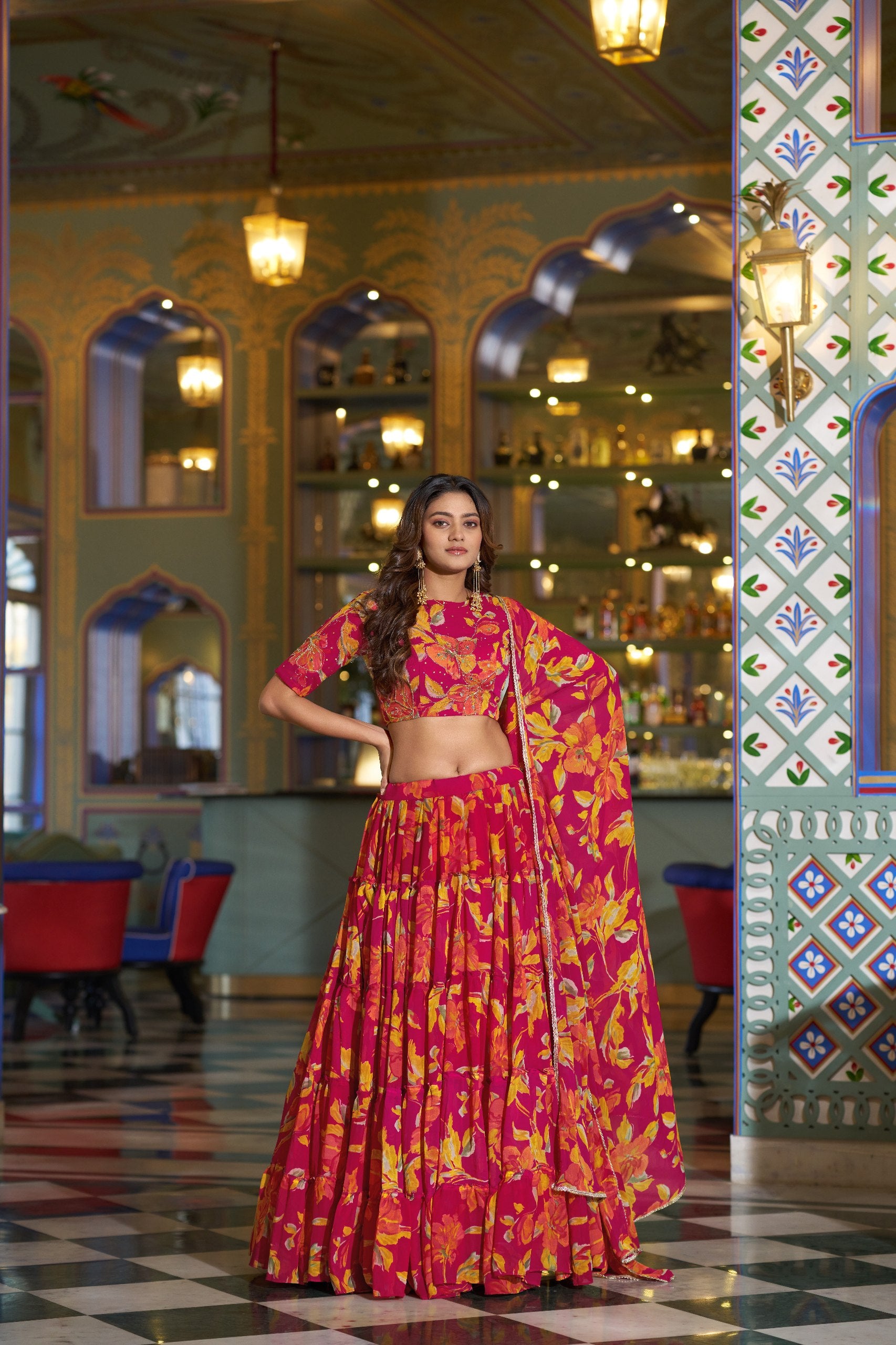 Designer Floral Printed Marble Lehenga Choli Set