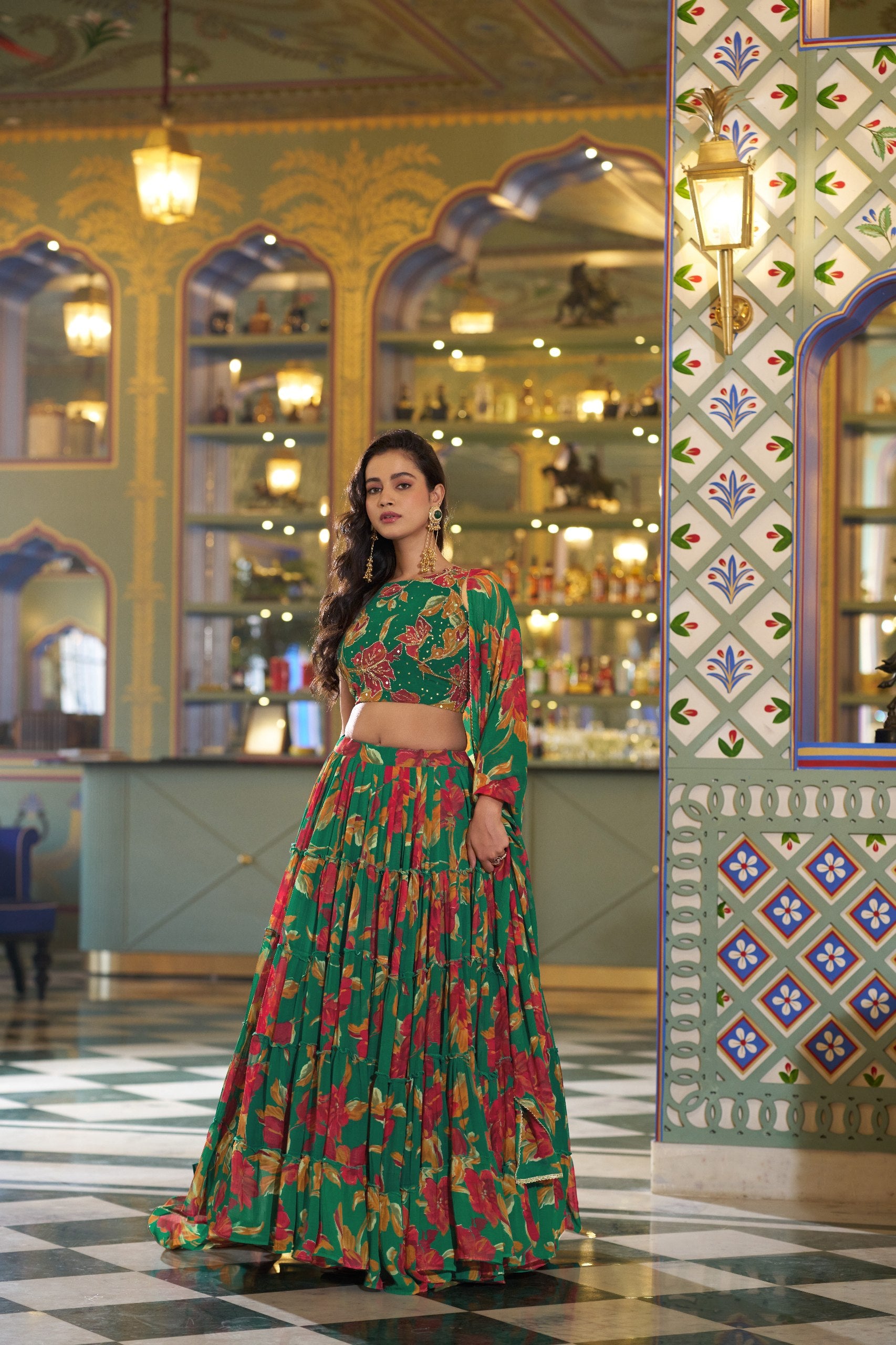 Designer Floral Printed Marble Lehenga Choli Set