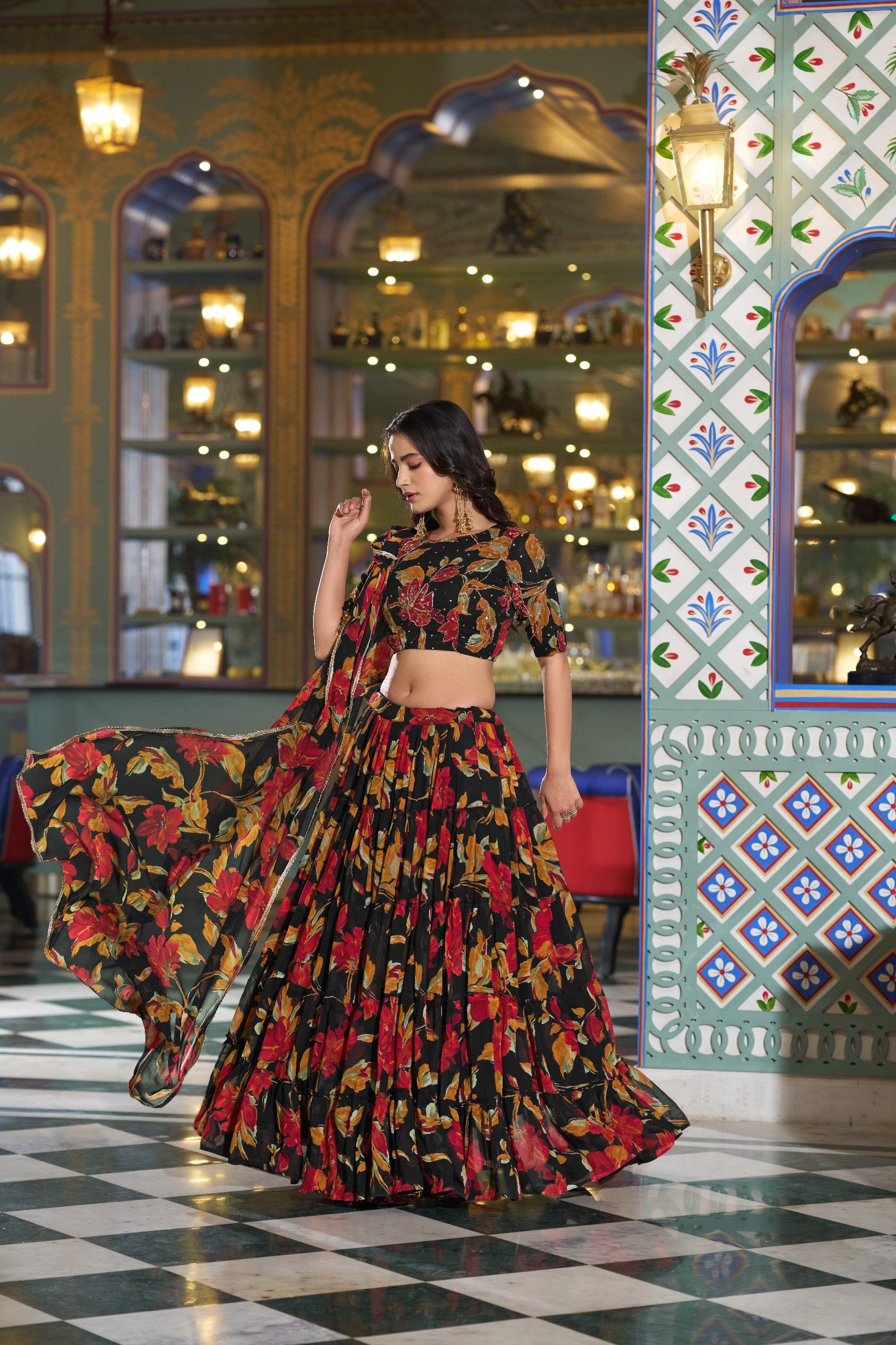 Designer Floral Printed Marble Lehenga Choli Set