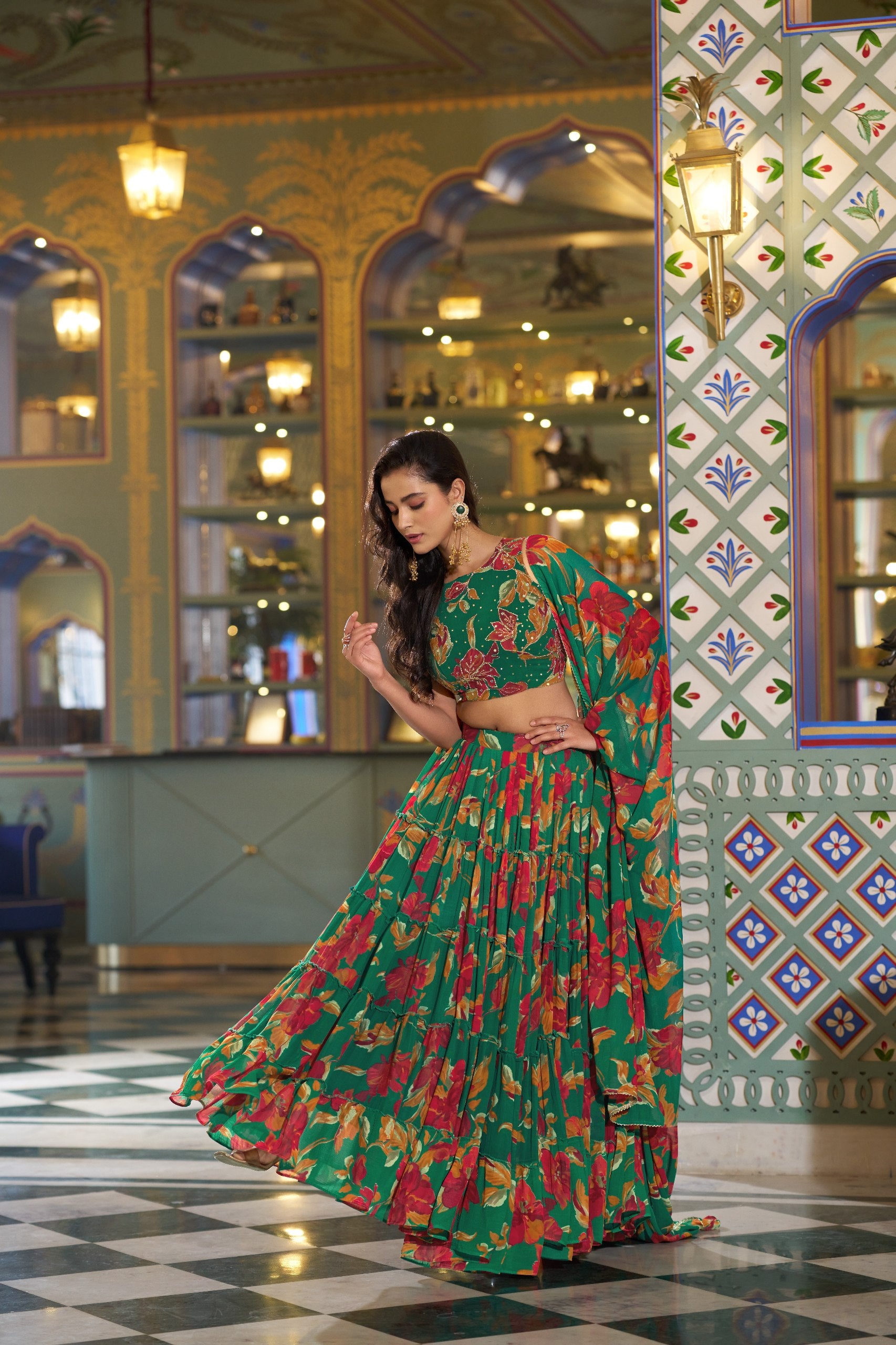 Designer Floral Printed Marble Lehenga Choli Set