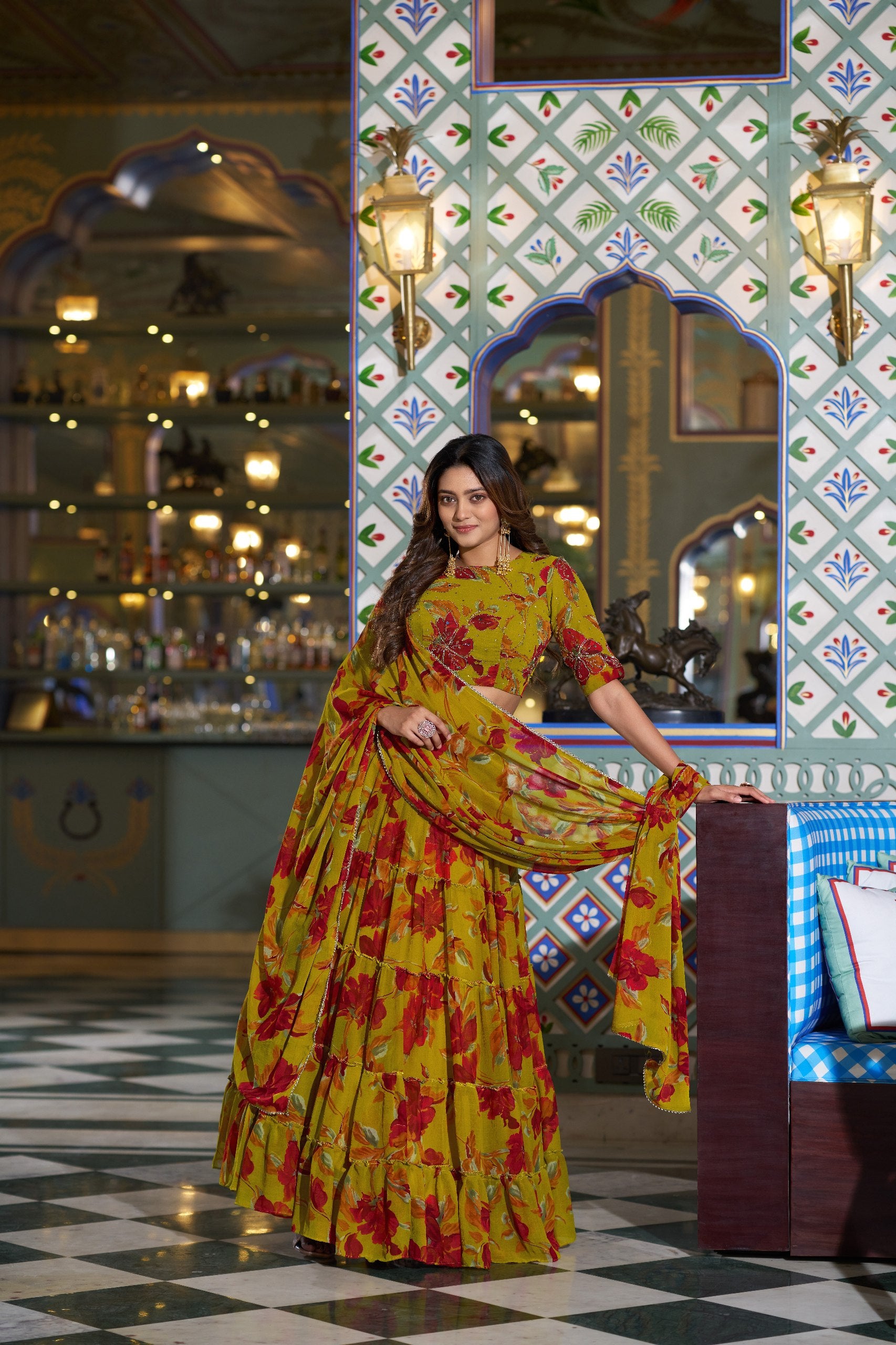 Designer Floral Printed Marble Lehenga Choli Set